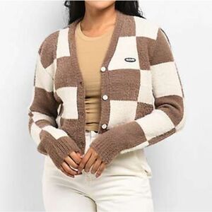 Petals Brown and Cream Checkered Crop Cardigan